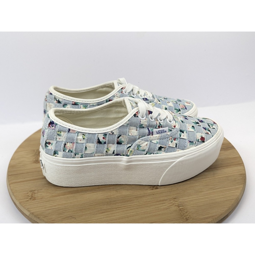 Vans Stacked Era Platform Shoes Womans 6.5 Woven Checkered Floral Blue White - Picture 4 of 11